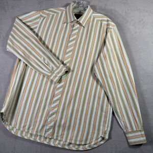 Jhane Barnes Shirt Mens L Green Peach Striped Button Up Long Sleeve Flip Cuff